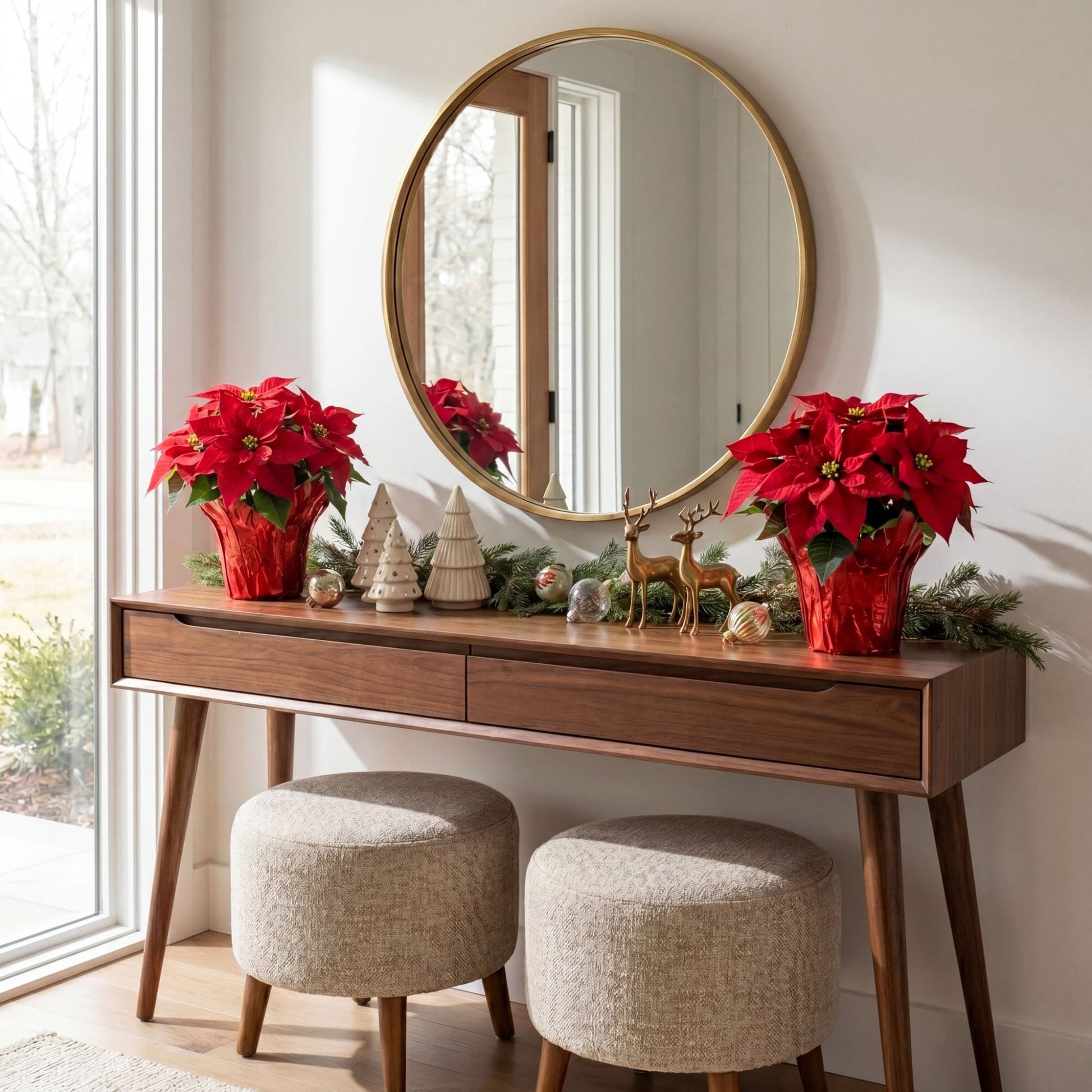 Two 13in artificial poinsettia arrangements in red wrapped planters by Nearly Natural on Tampa Home & Garden Store