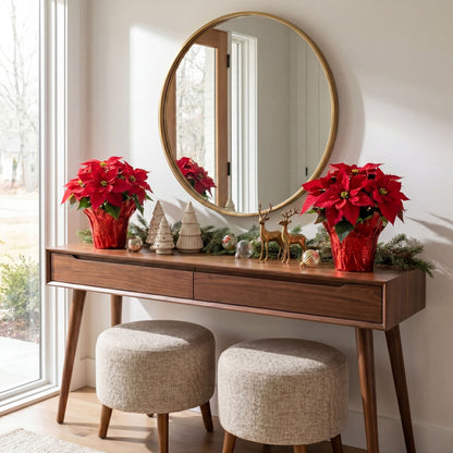 Two 13in artificial poinsettia arrangements in red wrapped planters by Nearly Natural on Tampa Home & Garden Store