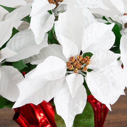 13-inch artificial poinsettia arrangement in red wrapped planter set of 2 with white bracts and green leaves on Tampa Home & Garden Store