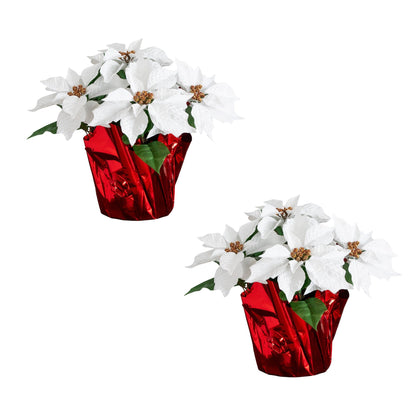 13in artificial poinsettia arrangement in red wrapped planter set of 2 white blooms on Tampa Home & Garden Store