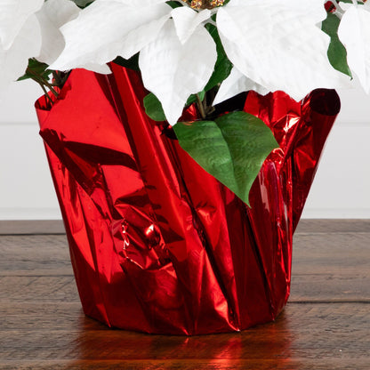 13-inch artificial poinsettia arrangement in a red foil-wrapped planter with white bracts and green leaves set of 2 on Tampa Home & Garden Store