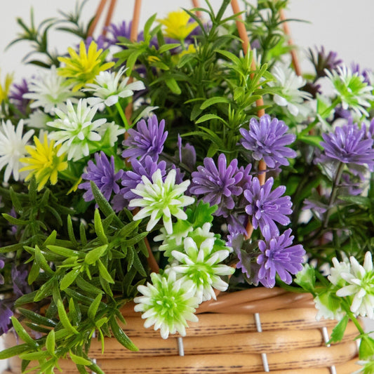 Artificial dandelion & rosemary hanging basket set of 2 by Nearly Natural in a woven basket on Tampa Home & Garden Store
