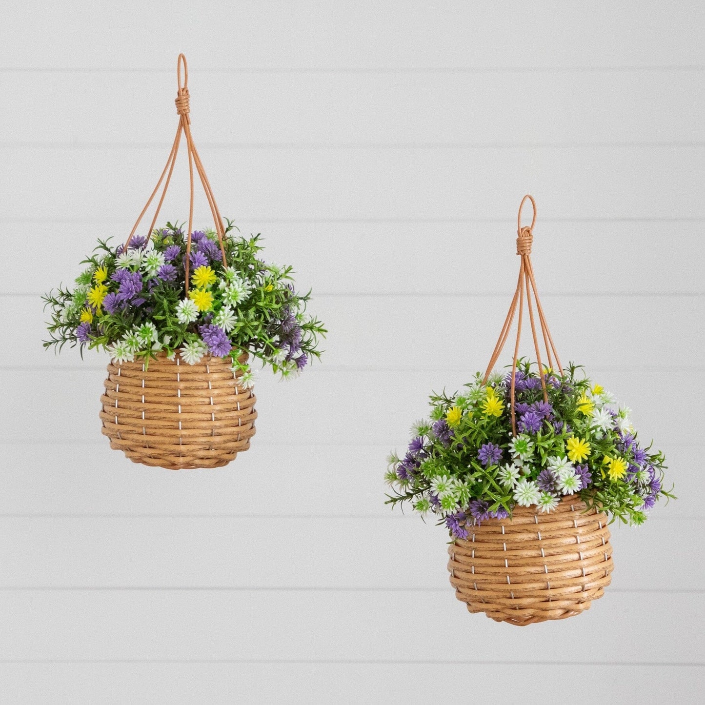 Nearly Natural 13in UV-resistant artificial dandelion and rosemary hanging baskets set of 2 woven on Tampa Home & Garden Store