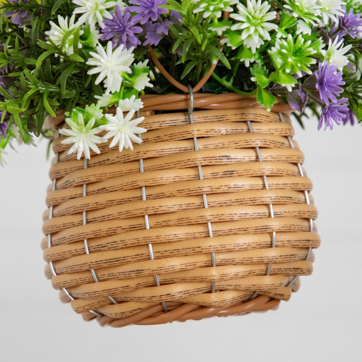 2pk artificial hanging basket dandelion rosemary 13-in UV resistant woven basket purple flowers on Tampa Home & Garden Store