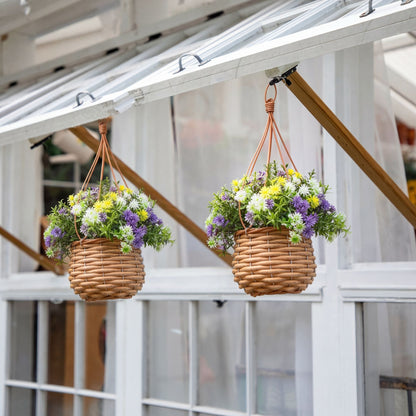 Hanging baskets set of 2 with UV‑resistant artificial dandelion and rosemary in blooms in woven baskets on Tampa Home & Garden Store