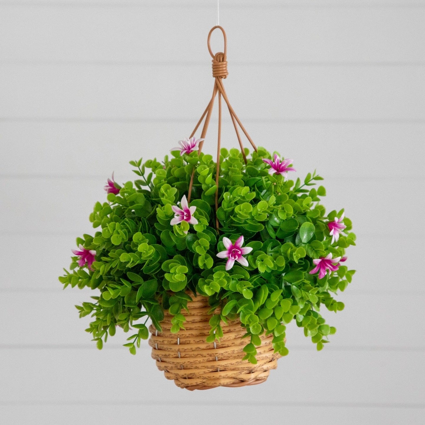 13-inch UV resistant Lily & Eucalyptus hanging basket with green foliage and pink blooms on Tampa Home & Garden Store