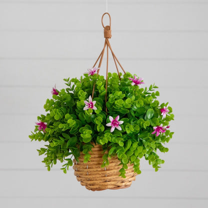 13-inch UV resistant Lily & Eucalyptus hanging basket with green foliage and pink blooms on Tampa Home & Garden Store
