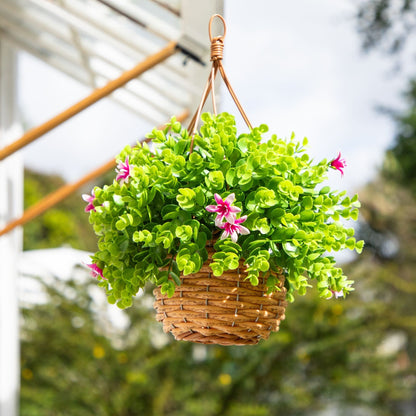 Lily and eucalyptus hanging basket, 13in UV resistant wicker with green leaves on Tampa Home & Garden Store