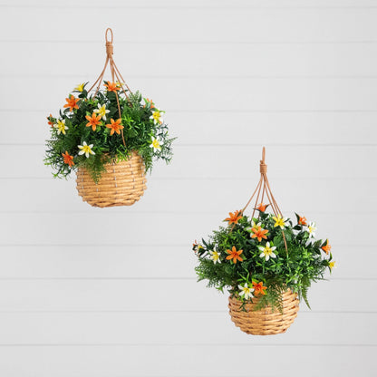 Hanging basket set of 2: 13in orange yellow lilies with mixed greens in a woven basket on Tampa Home & Garden Store