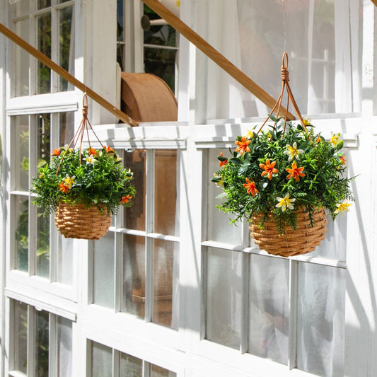 13in UV resistant artificial lily and mixed greens hanging baskets set 2 with orange blooms Nearly Natural on Tampa Home & Garden Store