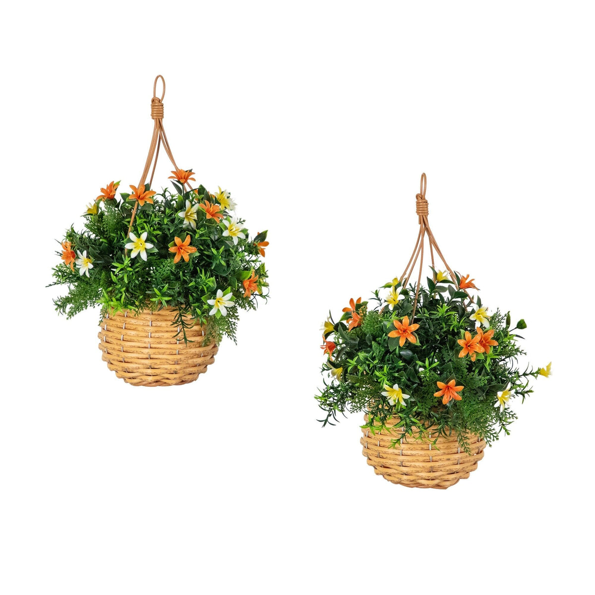 Hanging basket set of 2, 13-inch artificial lilies with greens in woven baskets by Nearly Natural on Tampa Home & Garden Store