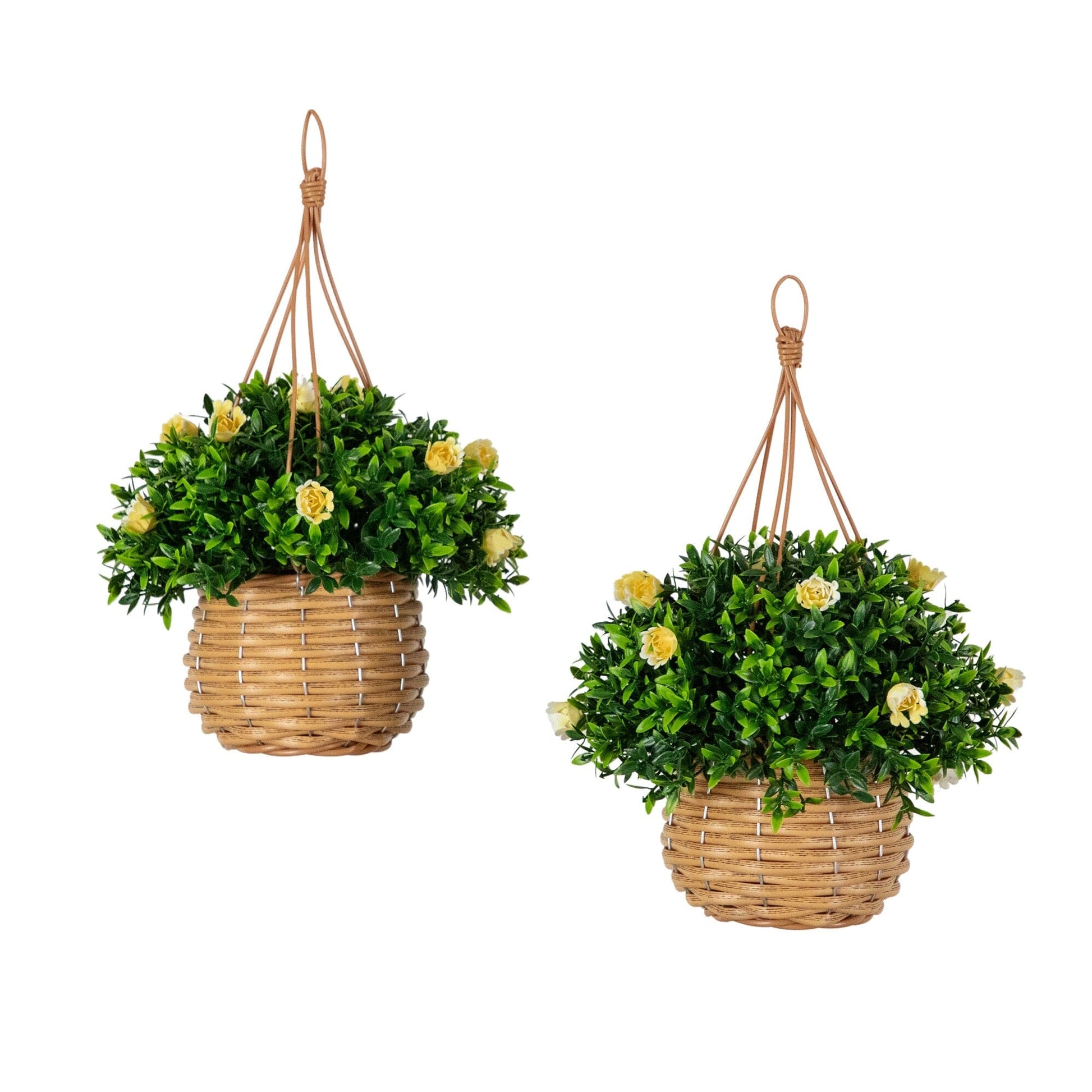 Set of 2 hanging baskets: 13in UV-resistant artificial mini rose and aptenia woven baskets on Tampa Home & Garden Store