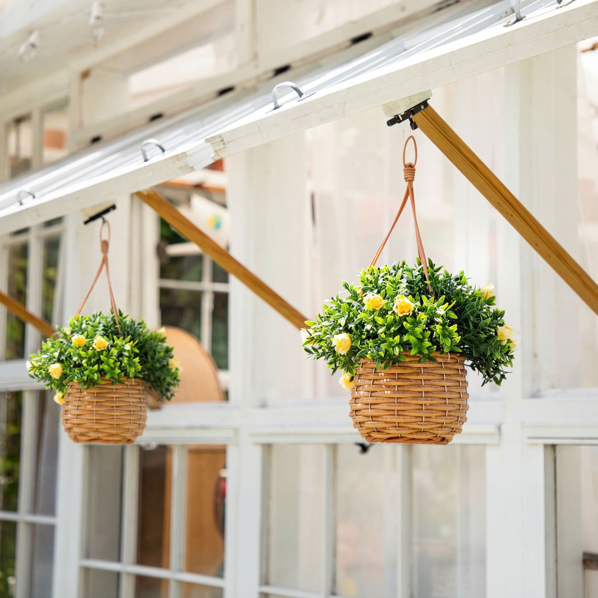 Artificial mini rose and aptenia hanging baskets, set of 2, UV resistant, wicker on Tampa Home & Garden Store