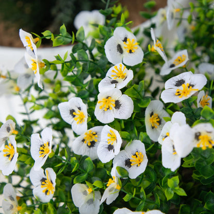 Pansy bush 13in UV artificial, set of 12, white blooms with yellow centers on Tampa Home & Garden Store