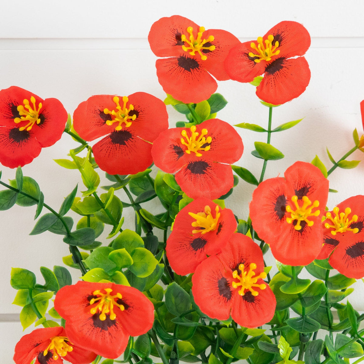 Artificial pansy bush red flowers with yellow centers, UV resistant indoor/outdoor set of 12 on Tampa Home & Garden Store