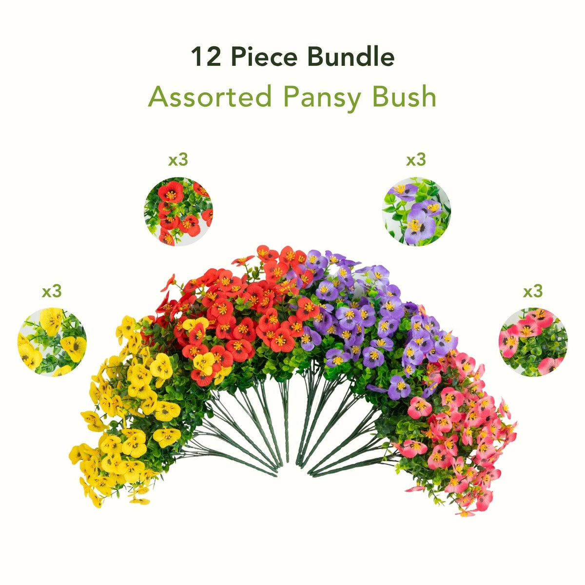 13in UV resistant artificial pansy bush bundle by Nearly Natural indoor/outdoor set of 12 on Tampa Home & Garden Store