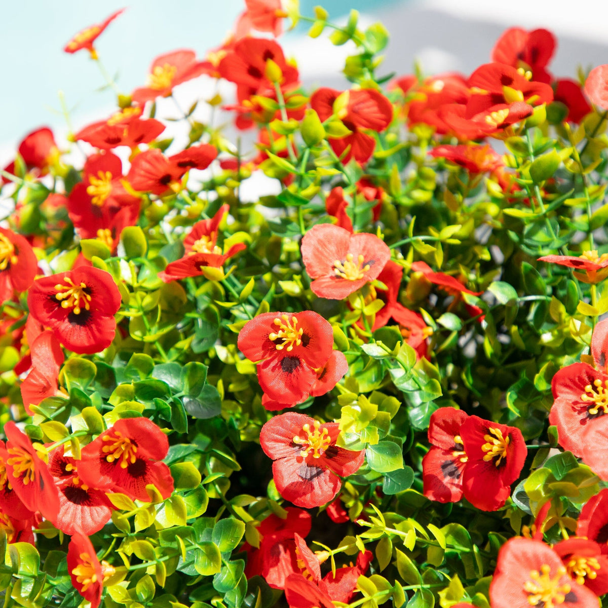 Nearly Natural 13in UV resistant artificial pansy bush set of 12 with red flowers and leaves on Tampa Home & Garden Store
