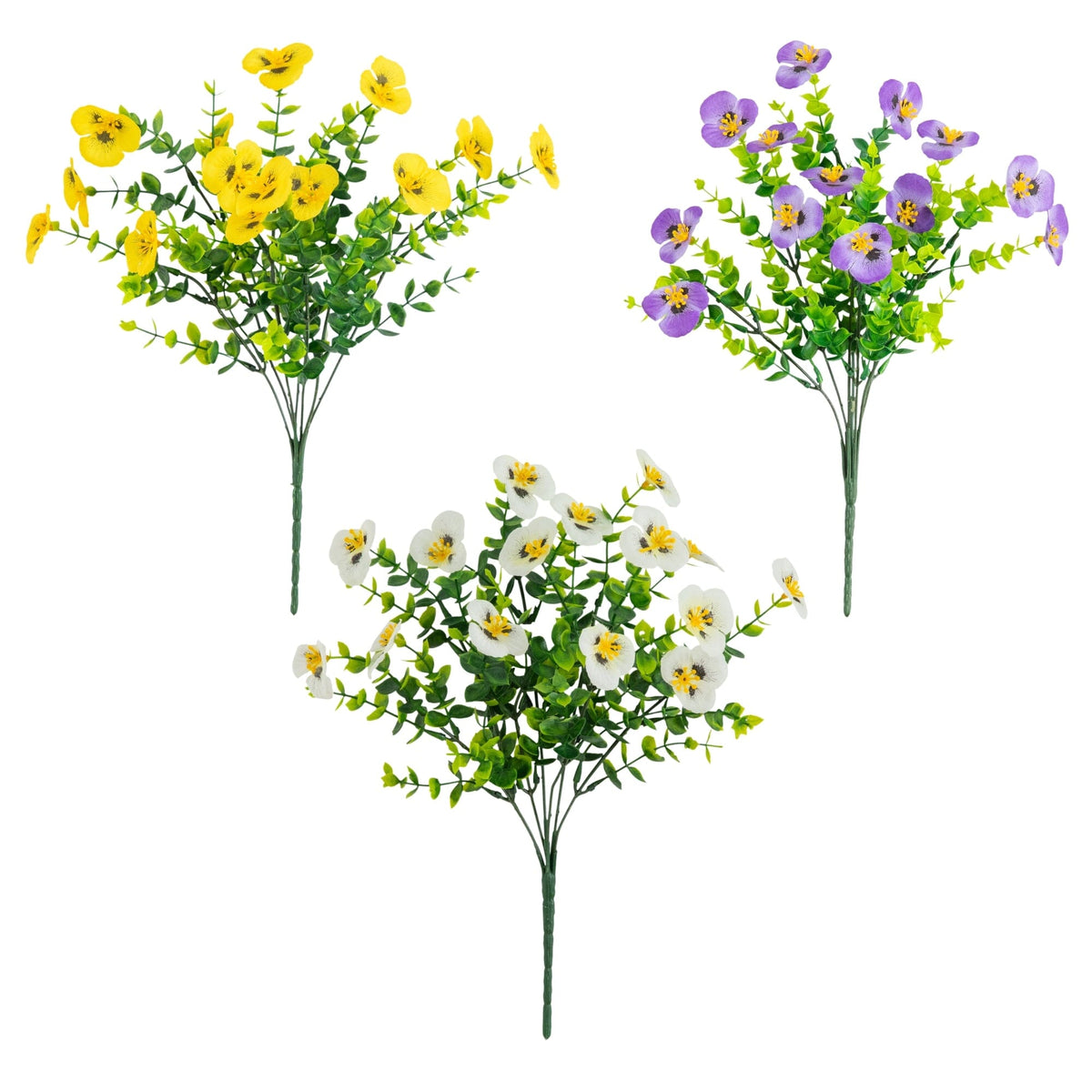 Artificial pansy bush 13in. UV resistant set of 12 in yellow purple white Nearly Natural on Tampa Home & Garden Store