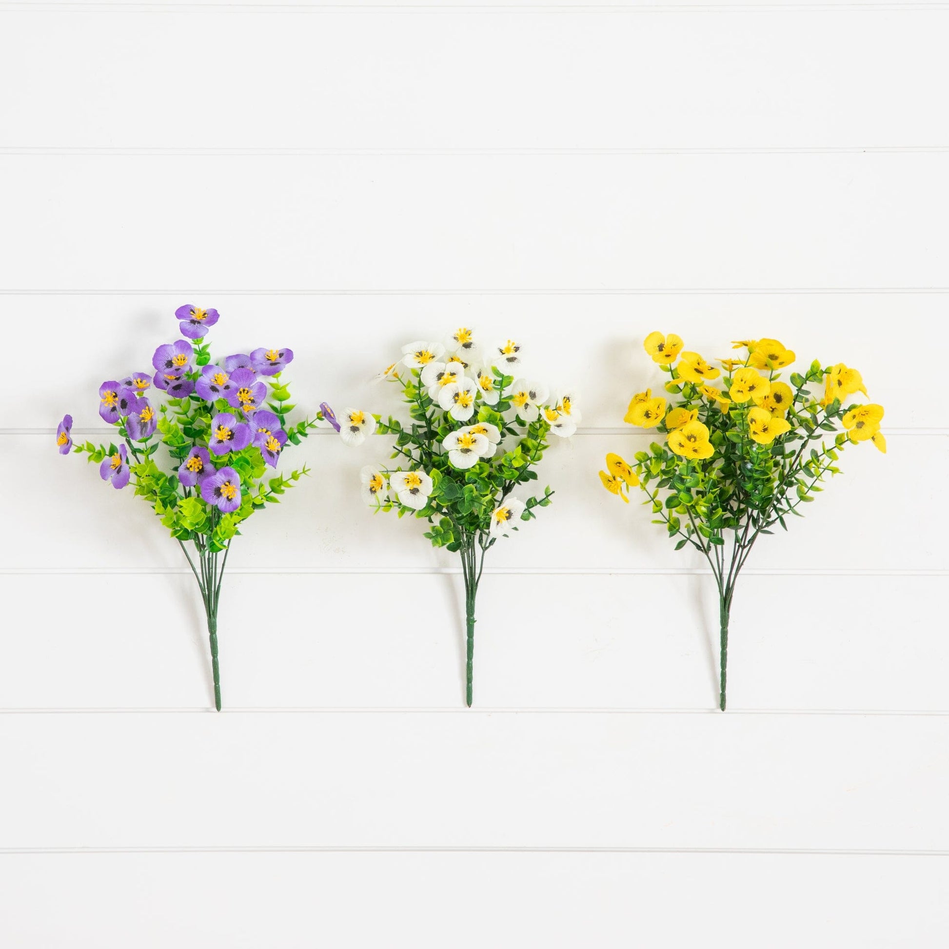 13in UV resistant artificial pansy bush set of 12 with purple white yellow blooms on Tampa Home & Garden Store