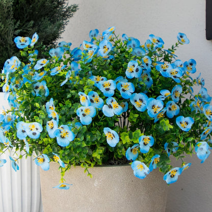 Artificial pansy bush blue flowers with yellow centers UV resistant 13in indoor outdoor on Tampa Home & Garden Store