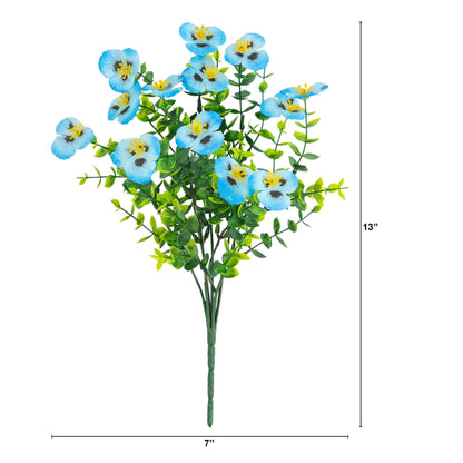 Nearly Natural 13in UV-Resistant Pansy Bush set of 12 blue flowers with green foliage indoor outdoor on Tampa Home & Garden Store