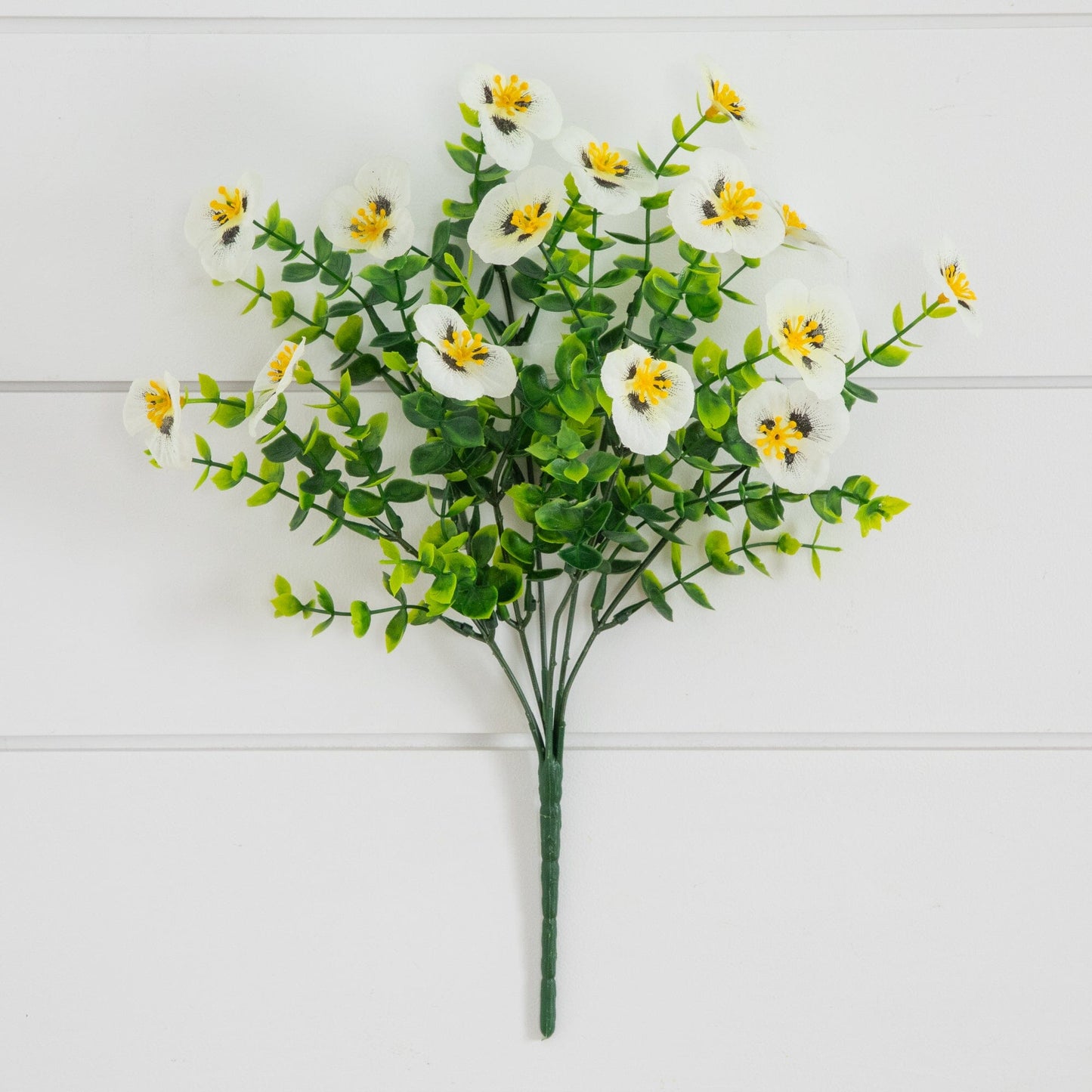 Nearly Natural 13in UV resistant artificial pansy bush set 12, white pansies with yellow centers on Tampa Home & Garden Store