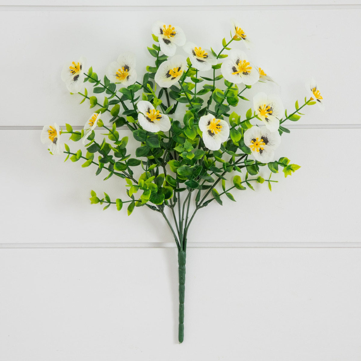Nearly Natural 13in UV resistant artificial pansy bush set 12, white pansies with yellow centers on Tampa Home & Garden Store