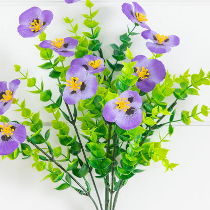 13in UV resistant artificial pansy bush set of 12 with purple/yellow blooms indooroutdoor on Tampa Home & Garden Store