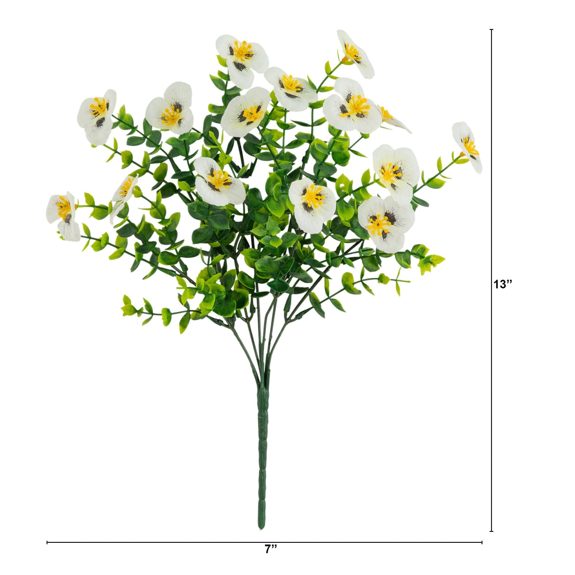 Artificial 13in UV-Resistant Pansy Bush set of 12 with white petals and yellow centers on Tampa Home & Garden Store