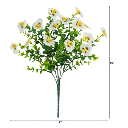 Artificial 13in UV-Resistant Pansy Bush set of 12 with white petals and yellow centers on Tampa Home & Garden Store