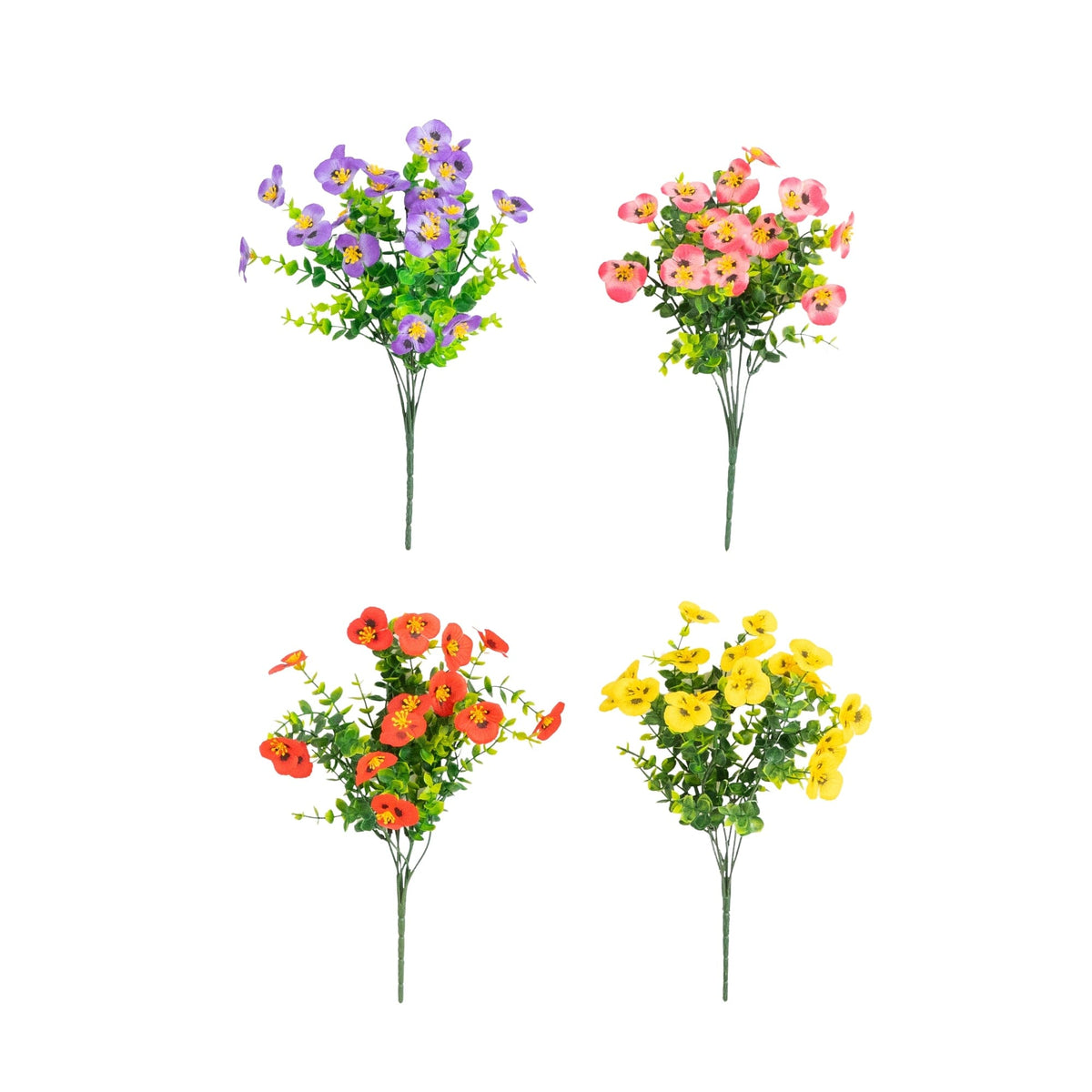 Artificial 13in pansy bushes in purple pink red yellow, UV resistant indoor/outdoor four shown on Tampa Home & Garden Store