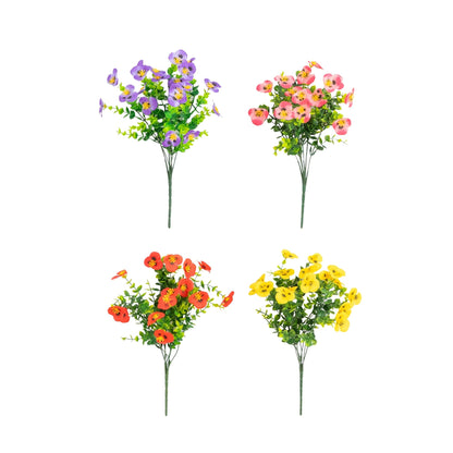 Artificial 13in pansy bushes in purple pink red yellow, UV resistant indoor/outdoor four shown on Tampa Home & Garden Store