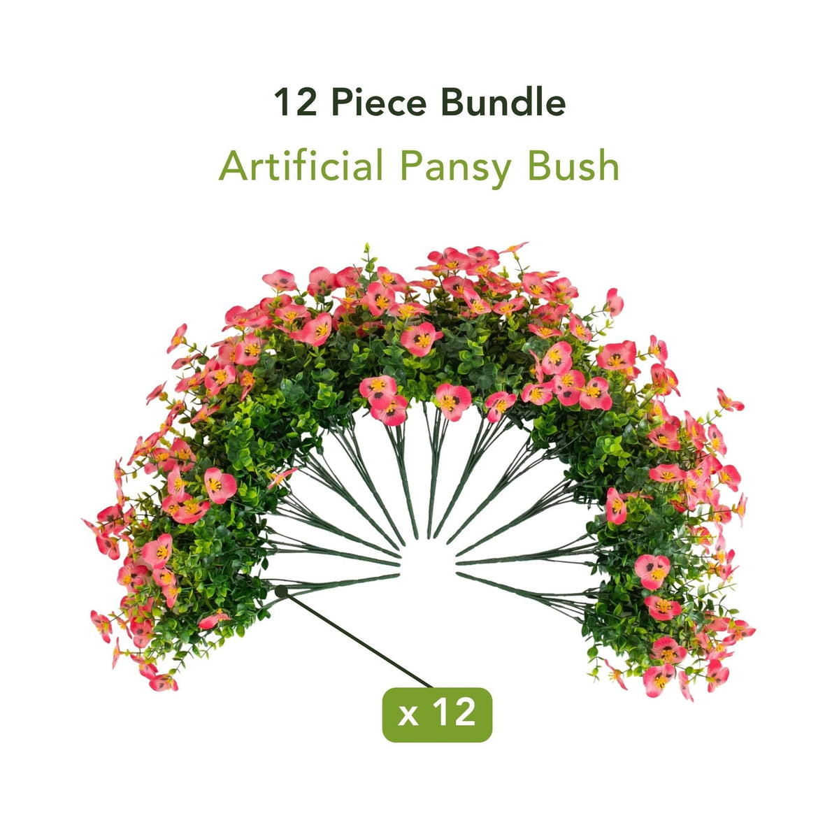 12-pack 13in UV-resistant artificial pansy bush with pink blossoms and green foliage on Tampa Home & Garden Store
