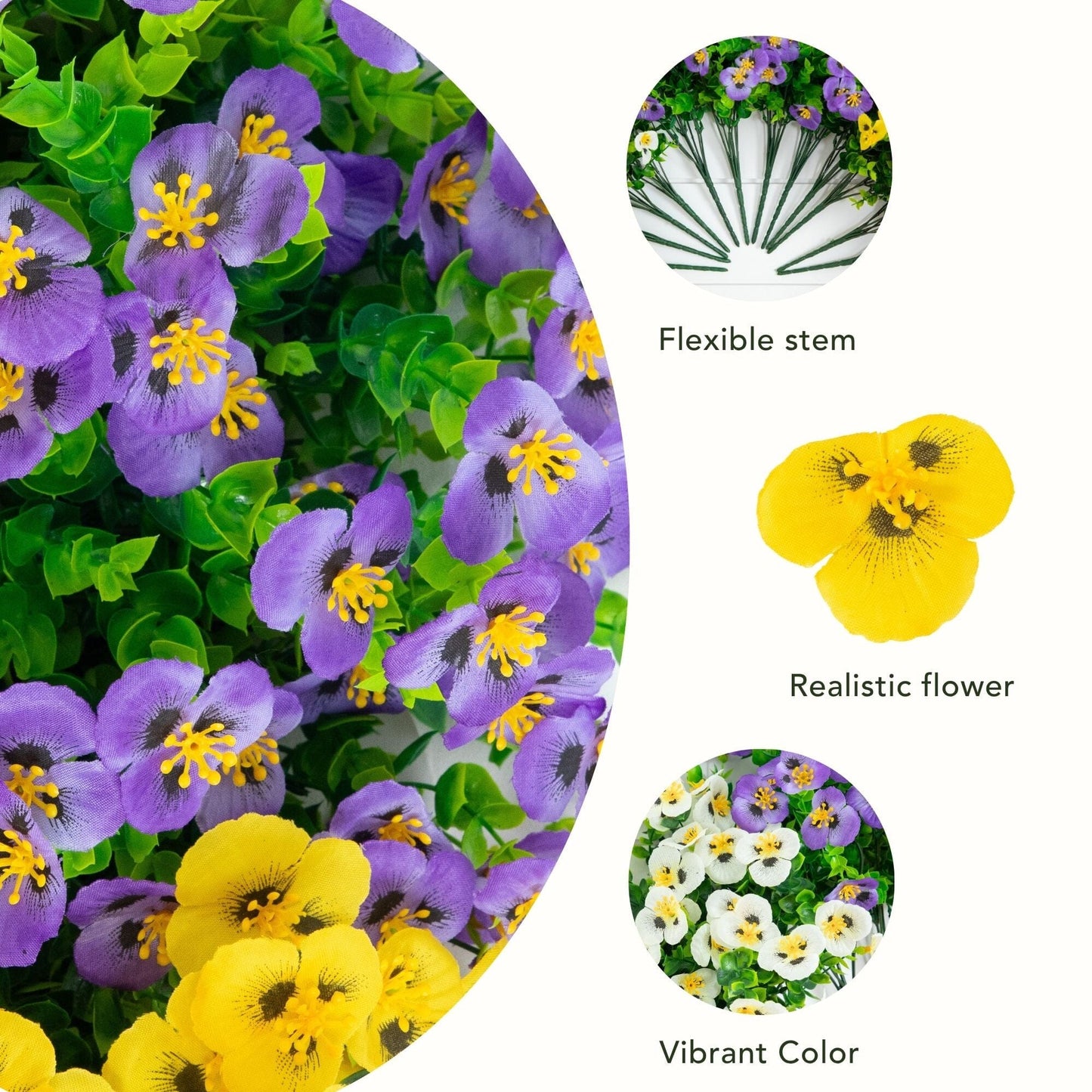 13in UV resistant pansy bush 12-pack with purple blooms and green leaves, flexible stems on Tampa Home & Garden Store