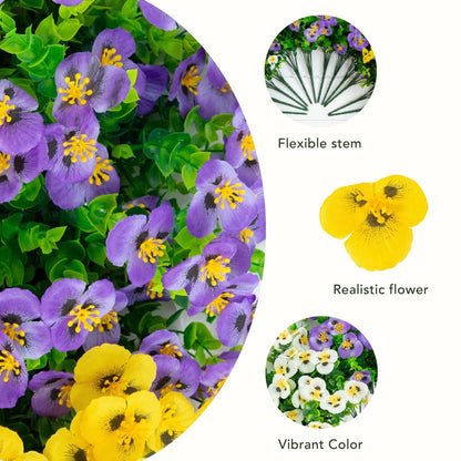 13in UV resistant pansy bush 12-pack with purple blooms and green leaves, flexible stems on Tampa Home & Garden Store