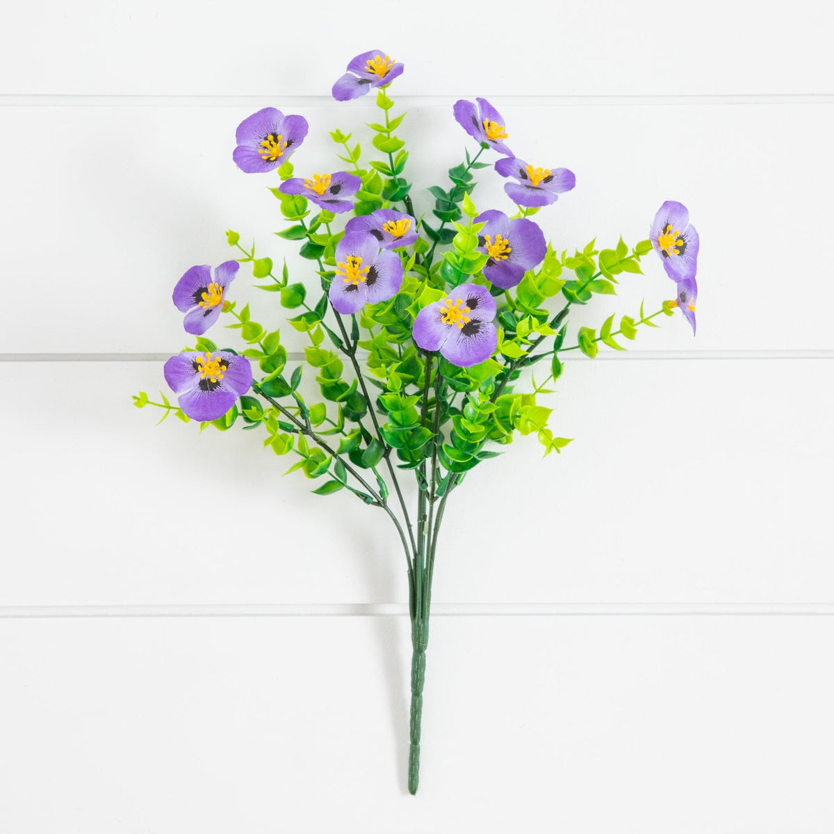 Nearly Natural 13in UV-Resistant Pansy Bush Set of 12 purple flowers with yellow centers on Tampa Home & Garden Store