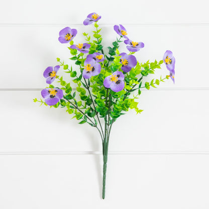 Nearly Natural 13in UV-Resistant Pansy Bush Set of 12 purple flowers with yellow centers on Tampa Home & Garden Store
