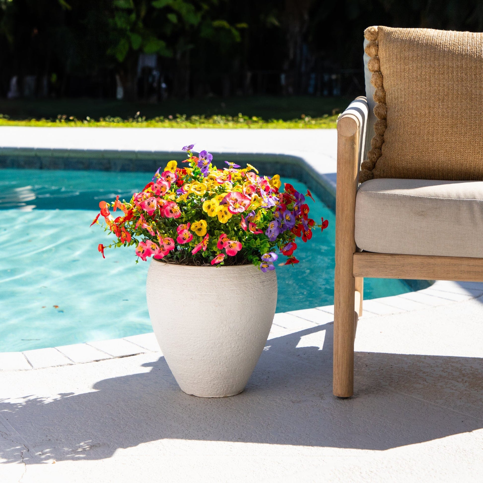 Artificial pansy bush in beige planter, 13in UV resistant indoor/outdoor, vibrant blooms on Tampa Home & Garden Store