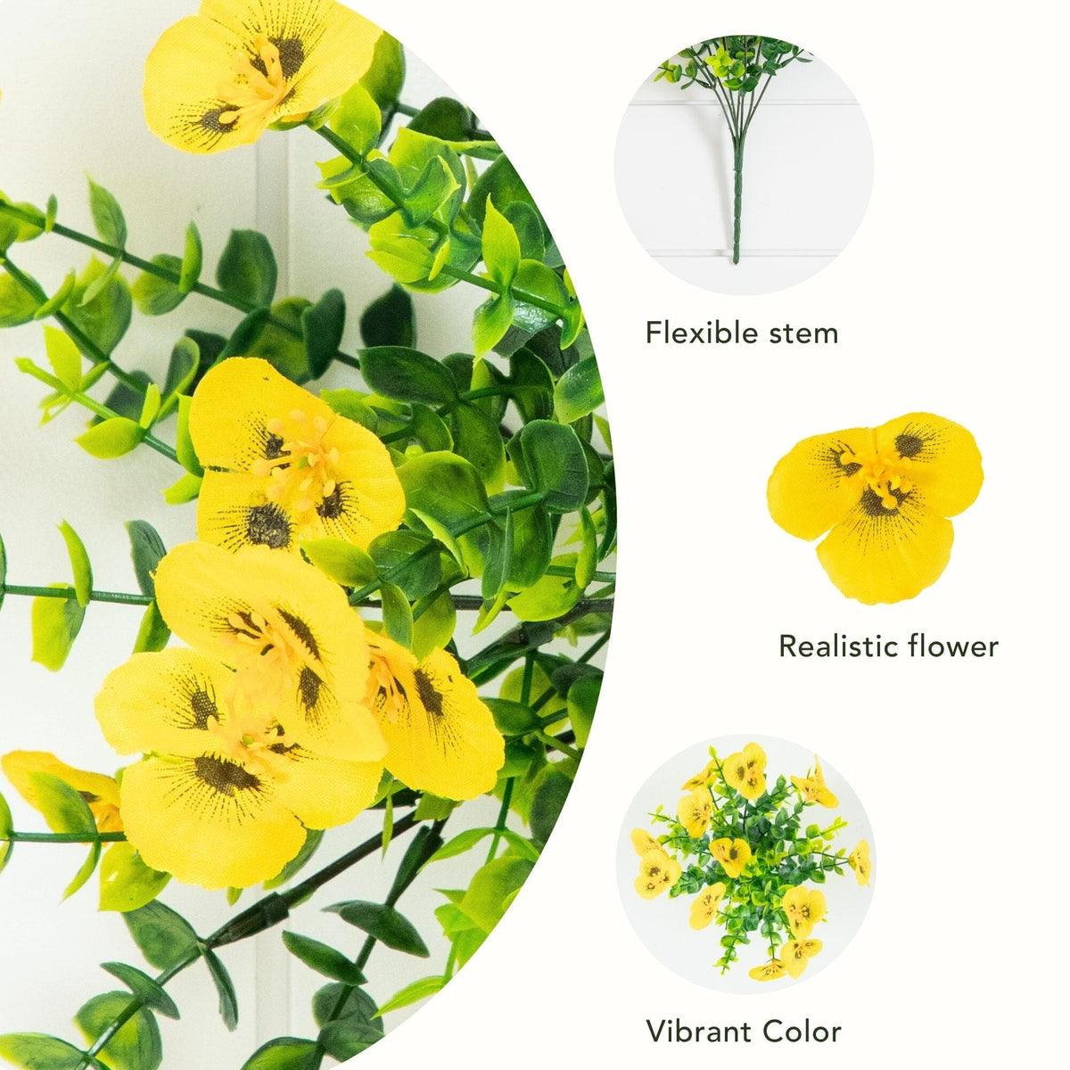 Nearly Natural 13in UV Resistant Pansy Bush set of 12 with yellow blooms and green foliage on Tampa Home & Garden Store