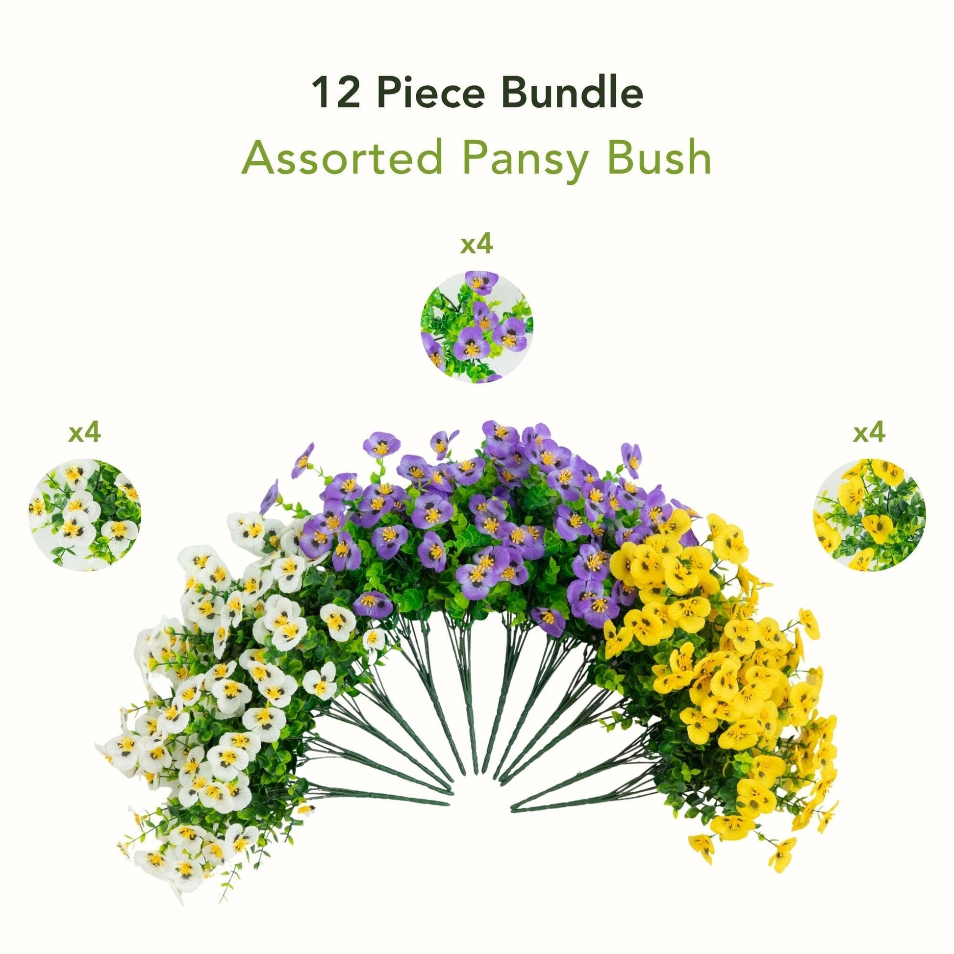 Artificial Pansy Bush bouquet featuring white, purple, and yellow blooms with green foliage on Tampa Home & Garden Store