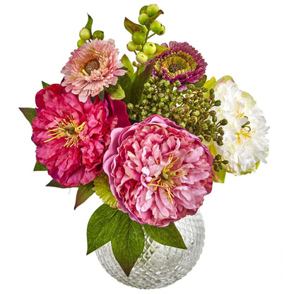 14" Artificial Peony and Mum in Glass Vase"