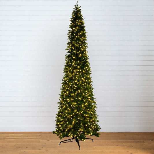 14’ artificial slim green mountain pine Christmas tree with 1600 warm white LEDs on Tampa Home & Garden Store
