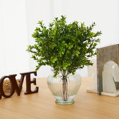 14-inch boxwood artificial plant in glass ribbed planter, lush green foliage Nearly Natural on Tampa Home & Garden Store