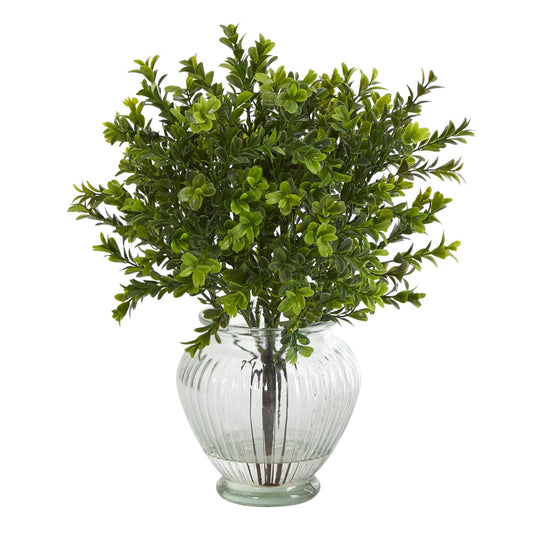 14” Boxwood artificial plant in glass planter with ribbed vase Nearly Natural indoor outdoor on Tampa Home & Garden Store