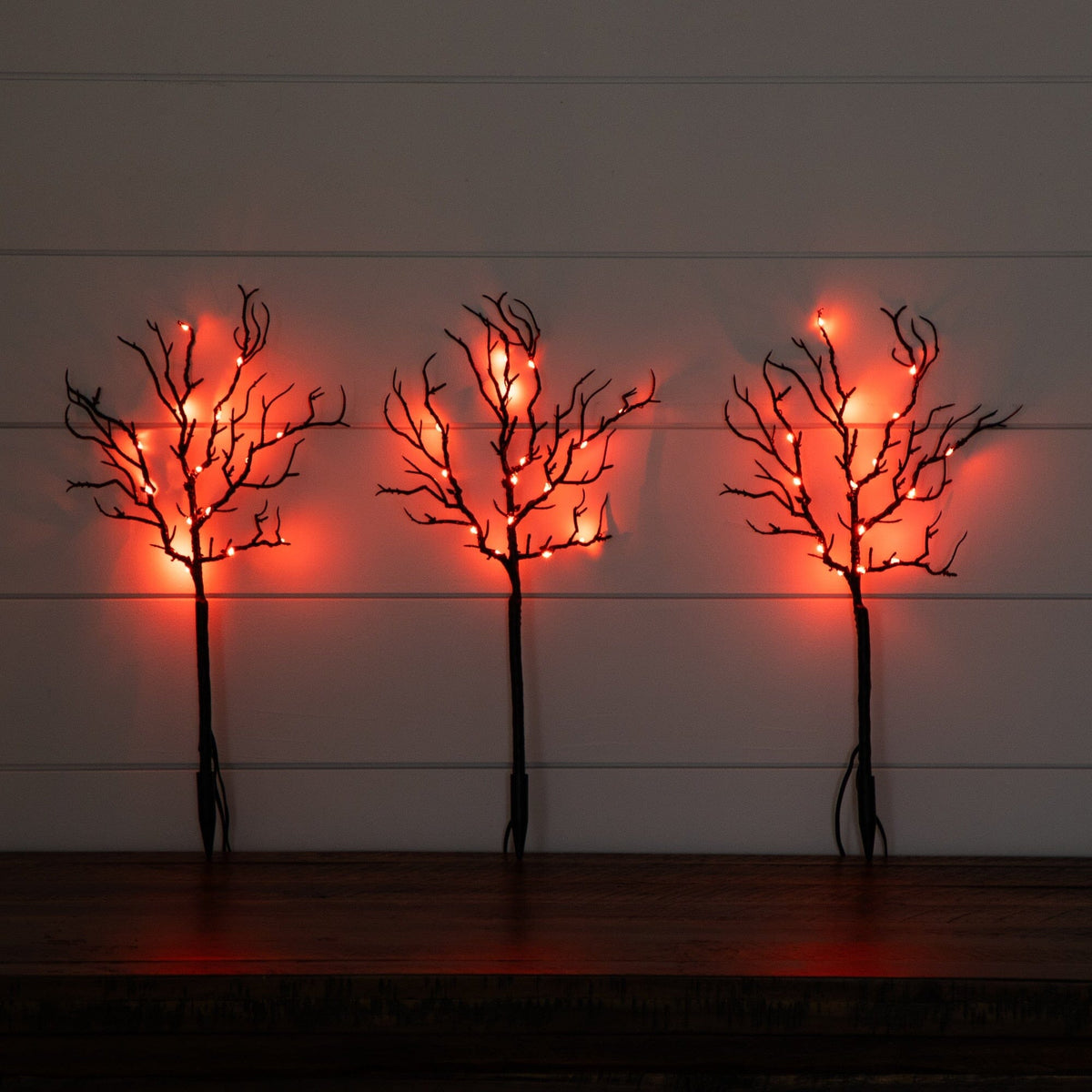 14in pre-lit Halloween black twig trees with 45 orange LEDs on stakes, 3-pack on Tampa Home & Garden Store