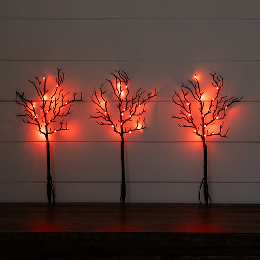 14in pre-lit Halloween black twig trees with 45 orange LEDs on stakes, 3-pack on Tampa Home & Garden Store
