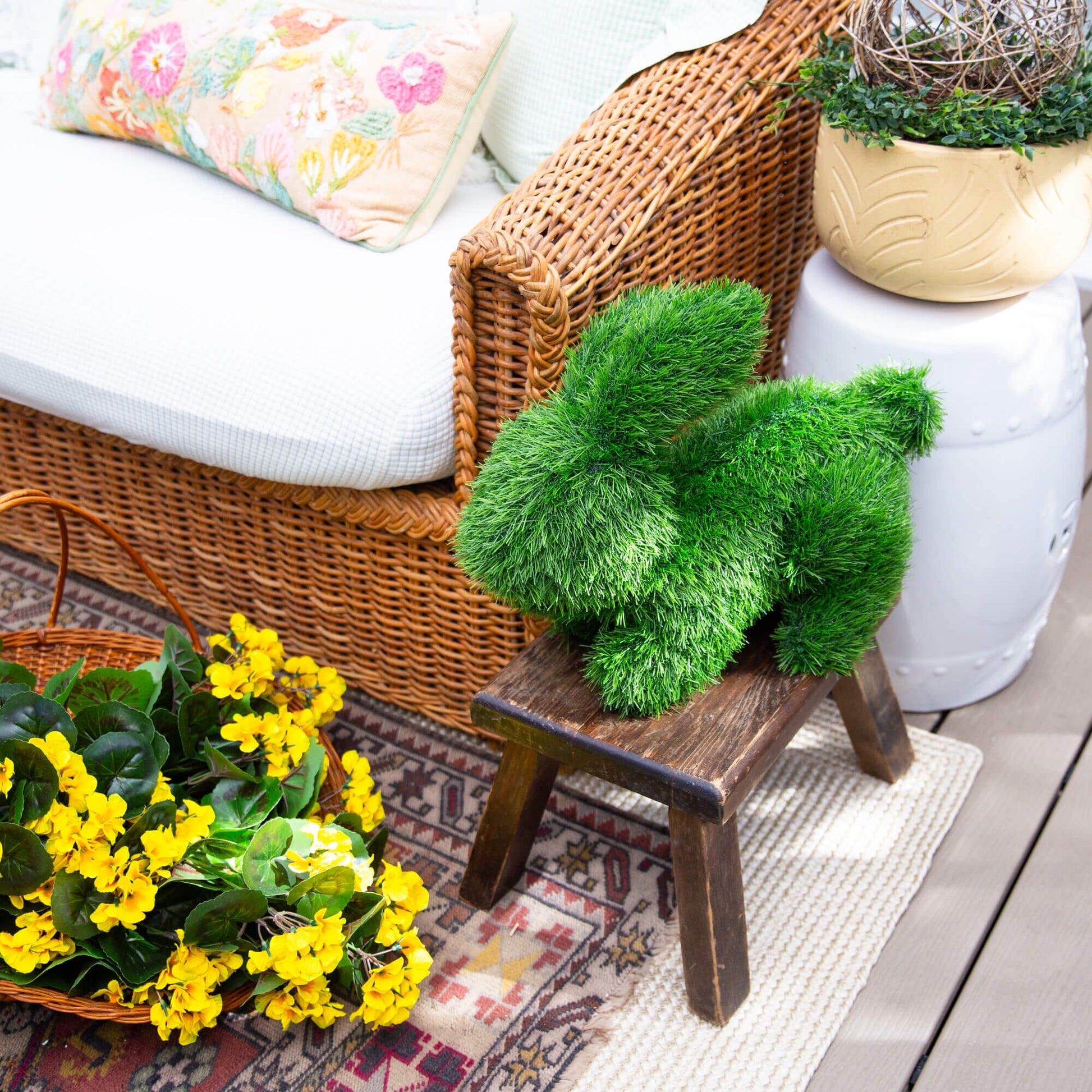 13in UV-resistant artificial grass topiary bunny with plush green spheres by Nearly Natural on Tampa Home & Garden Store