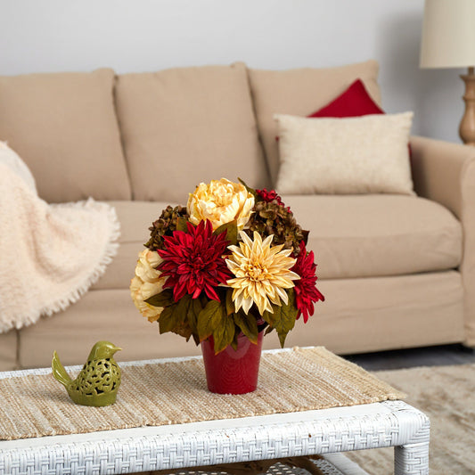 14” Peony, Hydrangea and Dahlia Artificial Arrangement in Burgundy Vase - Tampa Home & Garden Store