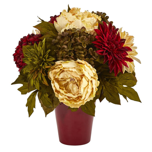 14” Peony, Hydrangea and Dahlia Artificial Arrangement in Burgundy Vase - Tampa Home & Garden Store
