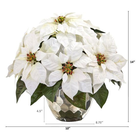 14” Poinsettia Artificial Arrangement in Designer Silver Bowl - Tampa Home & Garden Store